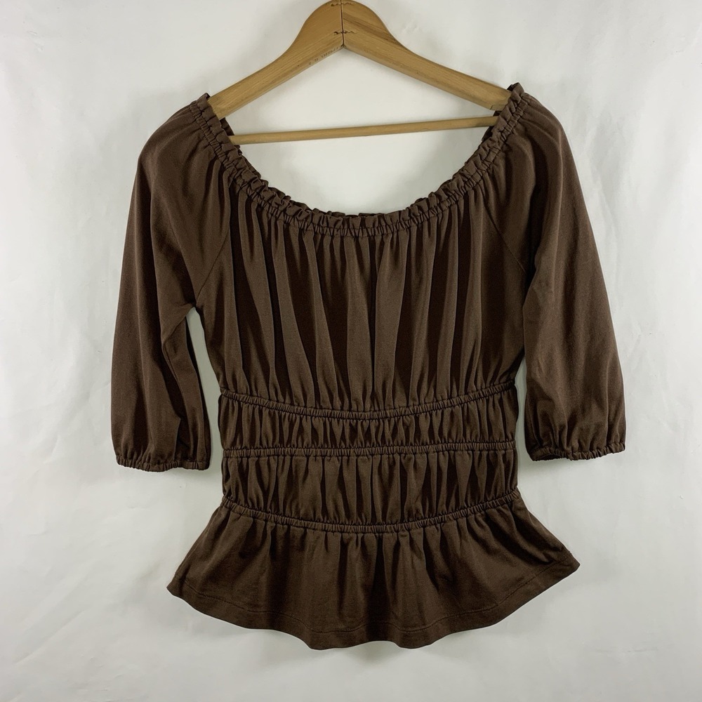 VTG Milkmaid Peasant Renaissance Smocked Top Size M Brown Stretch Off Shoulder